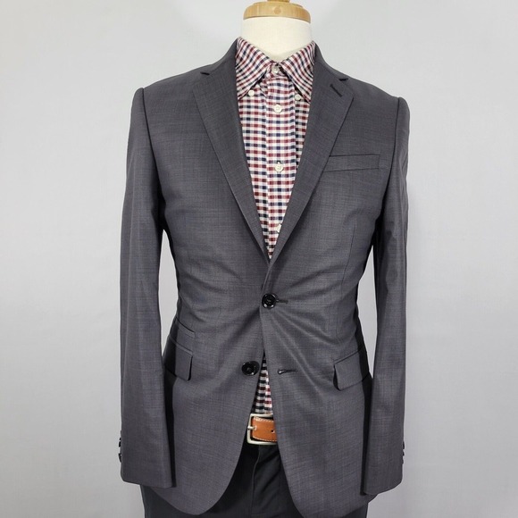 Express‎ Mens Sport Coat Blazer Two Button Charcoal Gray Wool Spandex Slim 36S - Picture 1 of 13